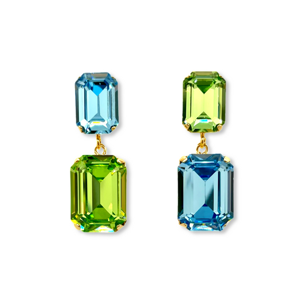 Gold-plated earrings earring jewellery jewelry mismatched mismatch glass Swarovski crystals crystal oval pear octagon bridesmaid wedding fun party lime green light sapphire blue