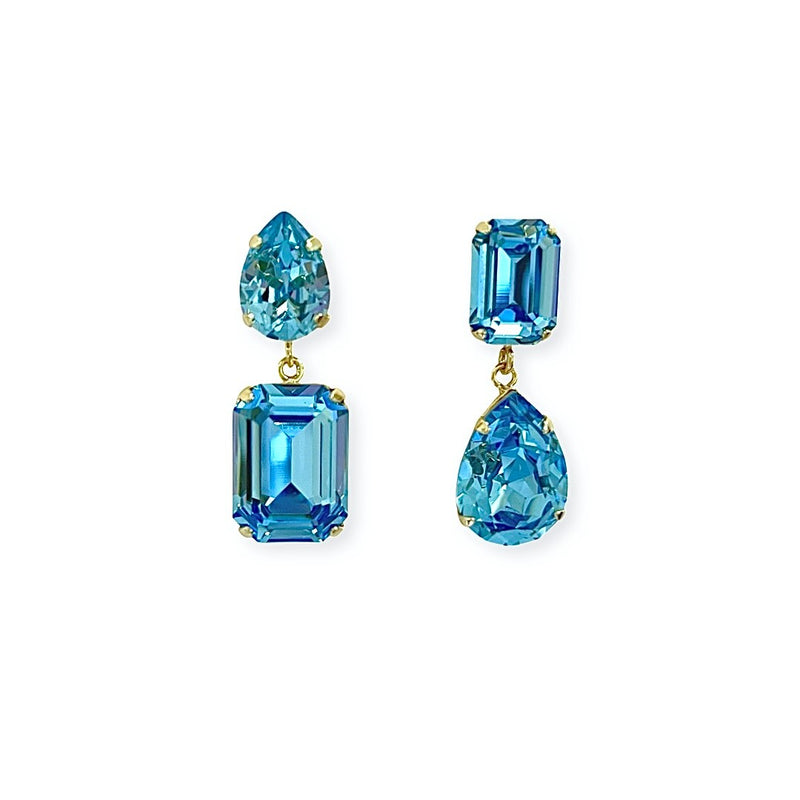 Gold-plated earrings jewellery jewelry mismatched mismatch glass Swarovski crystals crystal oval pear octagon light blue sapphire