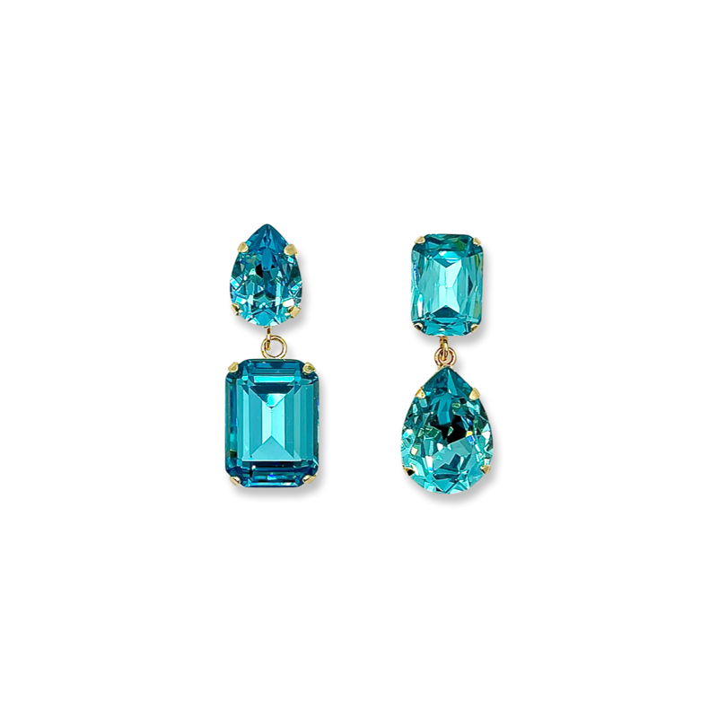 Gold-plated earrings jewellery jewelry mismatched mismatch glass Swarovski crystals crystal oval pear octagon turquoise