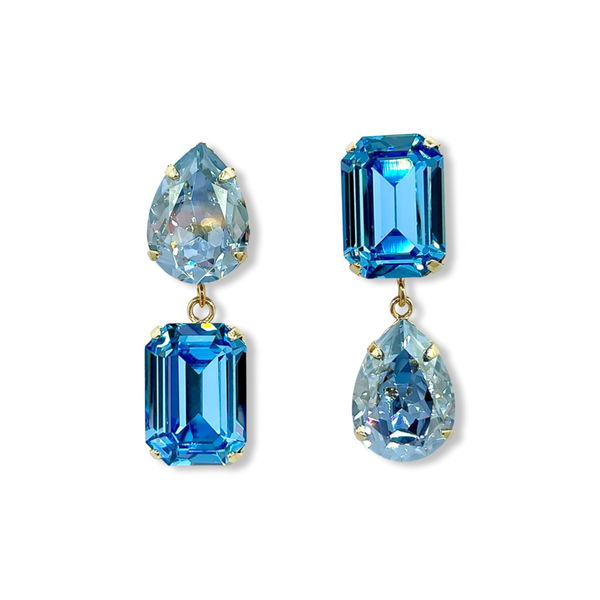 Gold-plated earrings jewellery jewelry mismatched mismatch glass Swarovski crystals crystal oval pear octagon blue sapphire silver 