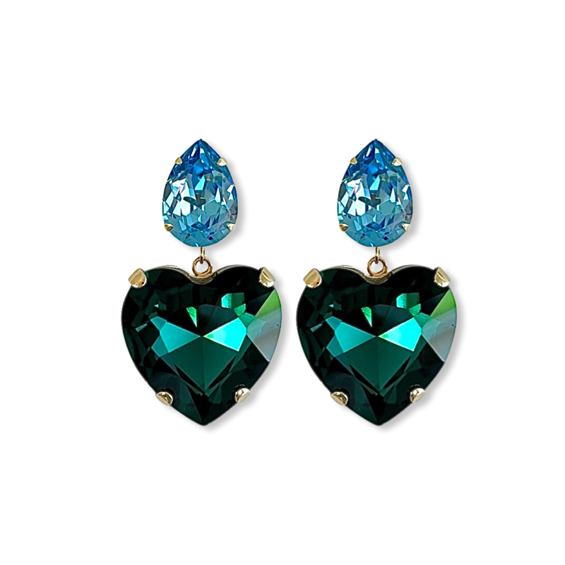 Gold-plated earrings earring jewellery jewelry mismatched mismatch glass Swarovski crystals crystal oval pear octagon bridesmaid wedding fun party emerald green hearts heart blue sapphire