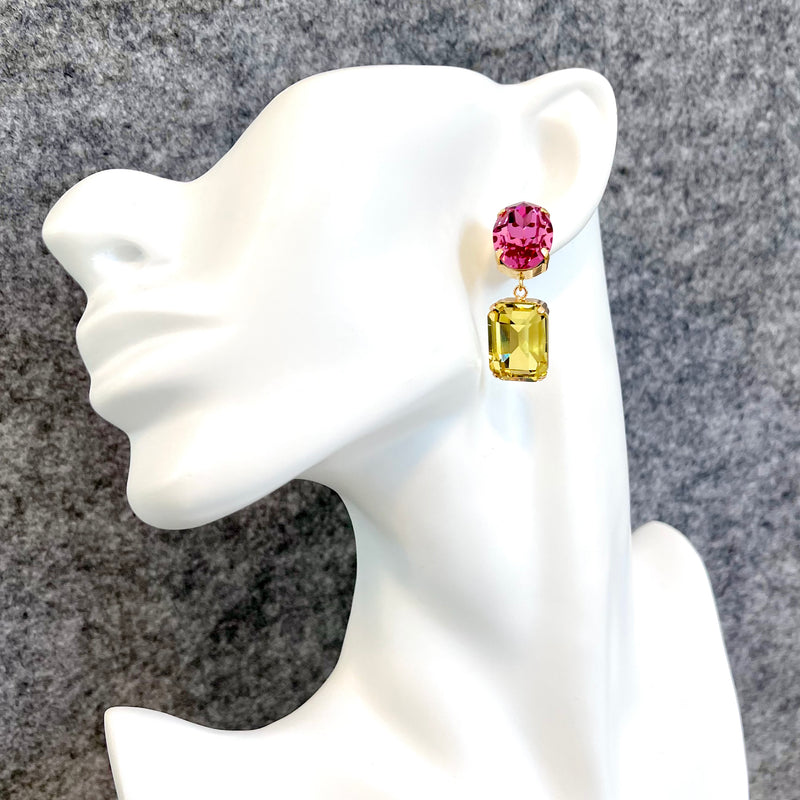 MEGA - CAPRI Pink and Yellow Crystal Mismatched Earrings