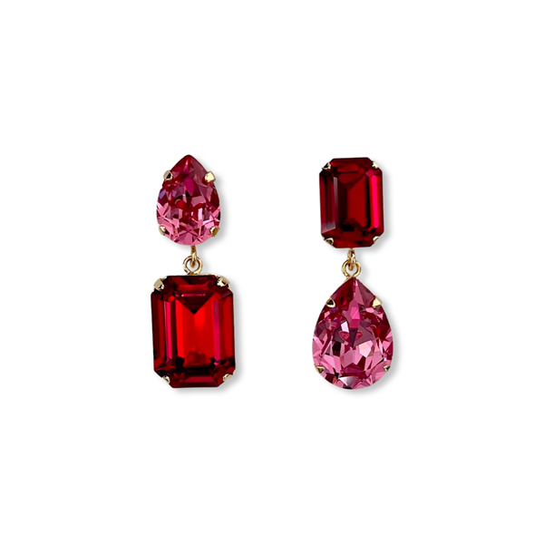 Gold-plated earrings earring jewellery jewelry mismatched mismatch glass Swarovski crystals crystal oval pear octagon bridesmaid wedding fun party crimson red rose pink two tone