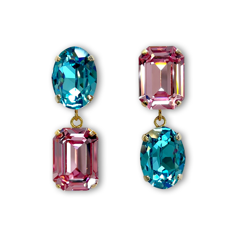 MEGA - MIAMI Pink and Turquoise Crystal Mismatched Earrings