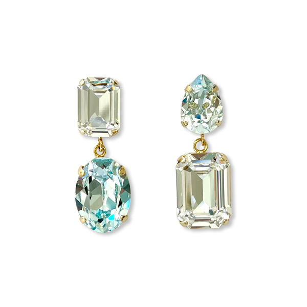 Gold-plated earrings earring jewellery jewelry mismatched mismatch glass Swarovski crystals crystal oval pear octagon bridesmaid wedding fun party aquamarine blue clear bride bridal 