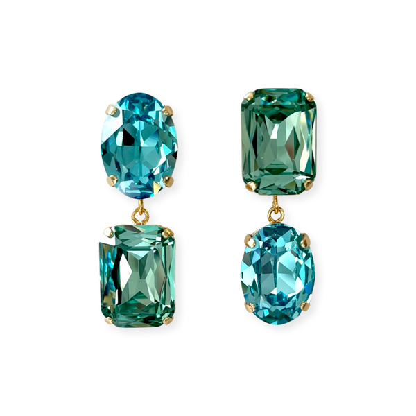 Gold-plated earrings earring jewellery jewelry mismatched mismatch glass Swarovski crystals crystal oval pear octagon bridesmaid wedding fun party turquoise blue green mint