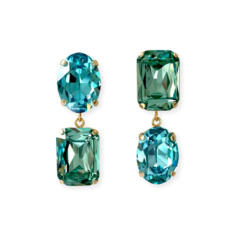 Gold-plated earrings earring jewellery jewelry mismatched mismatch glass Swarovski crystals crystal oval pear octagon bridesmaid wedding fun party turquoise blue green mint
