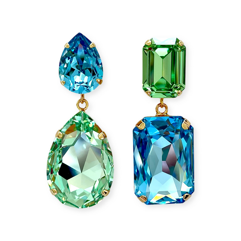 XXL - IVY Light Sapphire Blue and Lime Green Crystal Mismatched Earrings